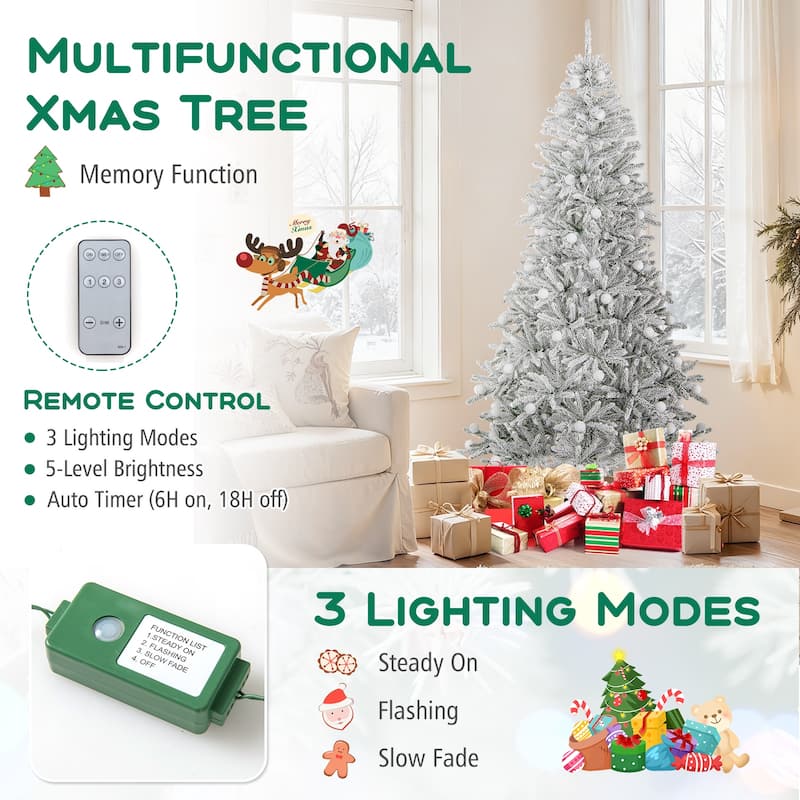 Costway 6/7/8 FT Snow-flocked Artificial Christmas Tree with 51/65/81 - Green & White - See Details