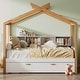 preview thumbnail 2 of 6, Wooden House Bed with Original Wood Colored Frame Twin Size Trundle and Bookshelf Storage Space