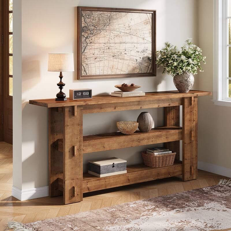 63 Inch Solid Wood Console Table, Farmhouse Sofa Table Behind Couch