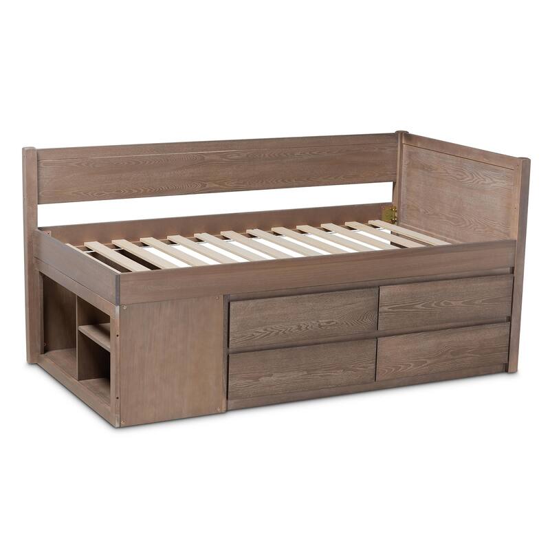 Twin Size Storage Bed with Drawers - Antique Oak Wood Bed Frame - 4 Drawer Bedroom Furniture