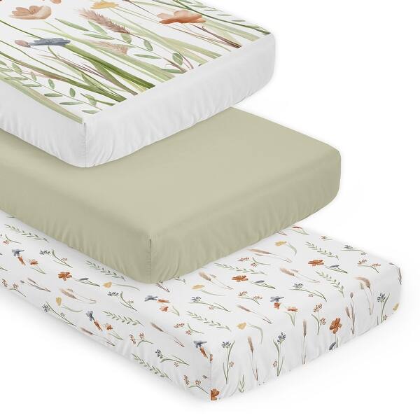 slide 2 of 6, Sweet Jojo Designs Boho Floral Garden Flower Girl 3 Pack Fitted Crib Sheets - Solid Green & Watercolor Bohemian Floral Farmhouse