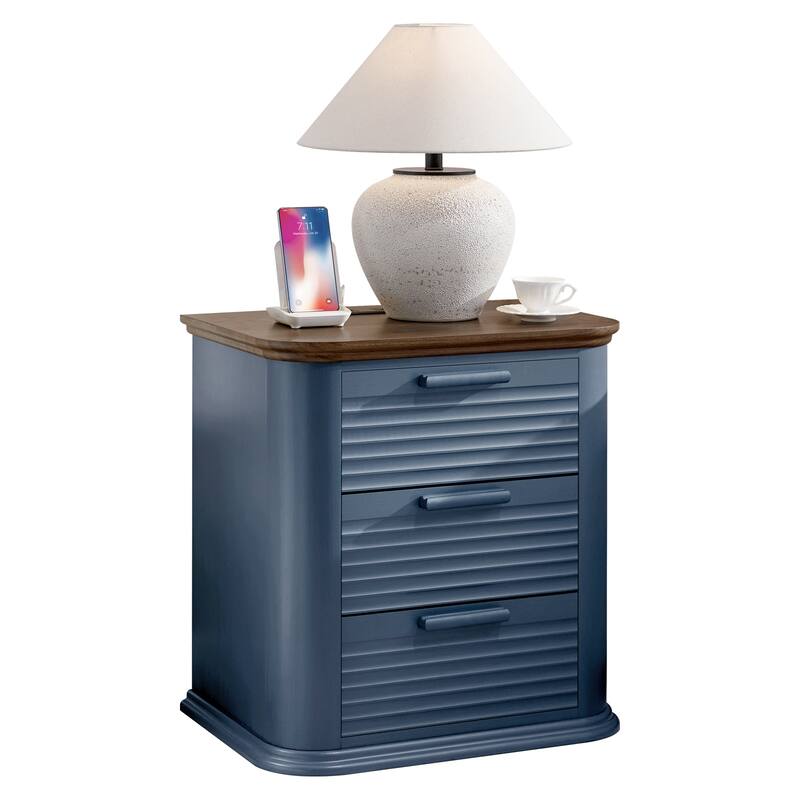 22" Wide Fluted Nightstand with Charging Station, Modern End Table, Wood 3 Drawer Dresser, Large Bedside Tables