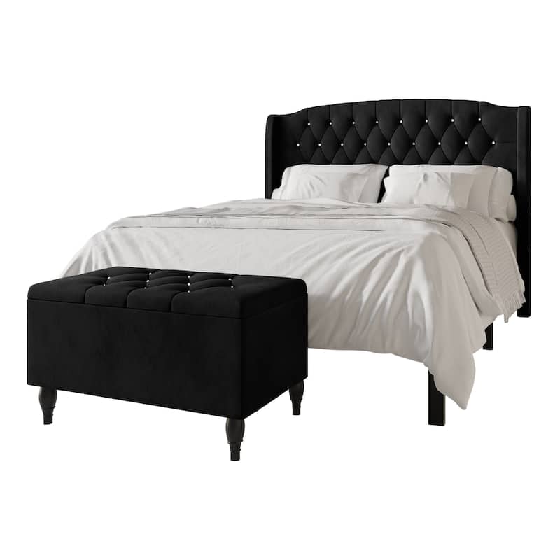 CraftPorch 2 Piece Bedroom Bench Set Velvet Wingback Upholstered Bed