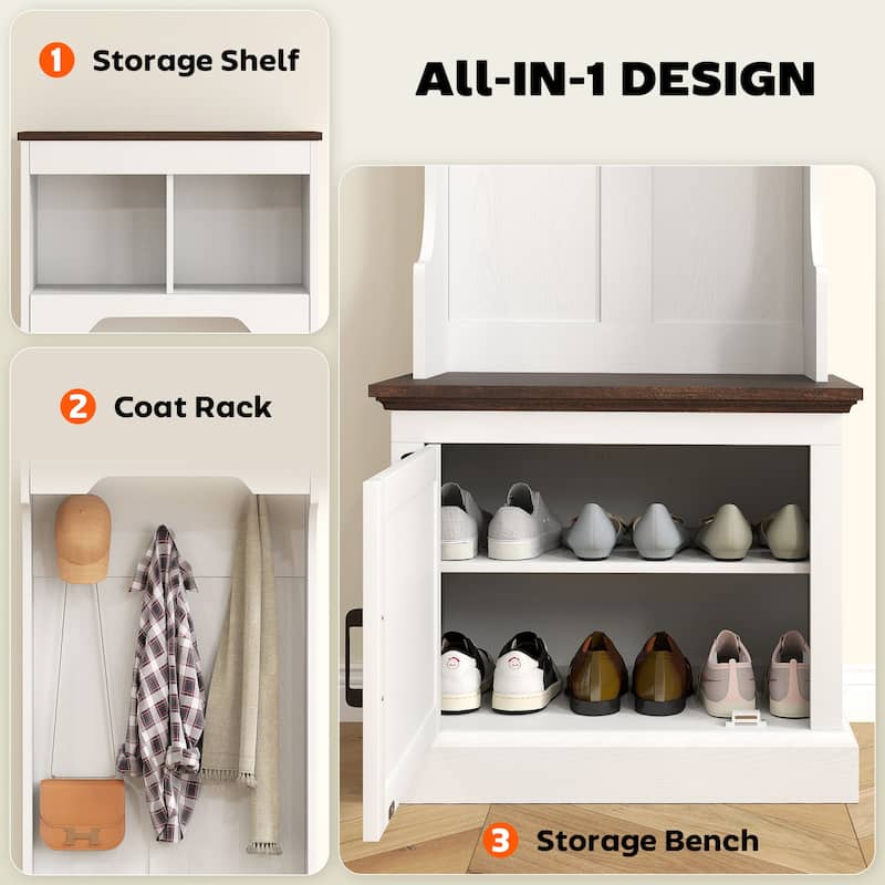 Multi-Functional Hall Tree with Bench Coat Rack Shoe Storage and Top Storage Compartments - 23.1" W x 15.7" D x 70.9" H