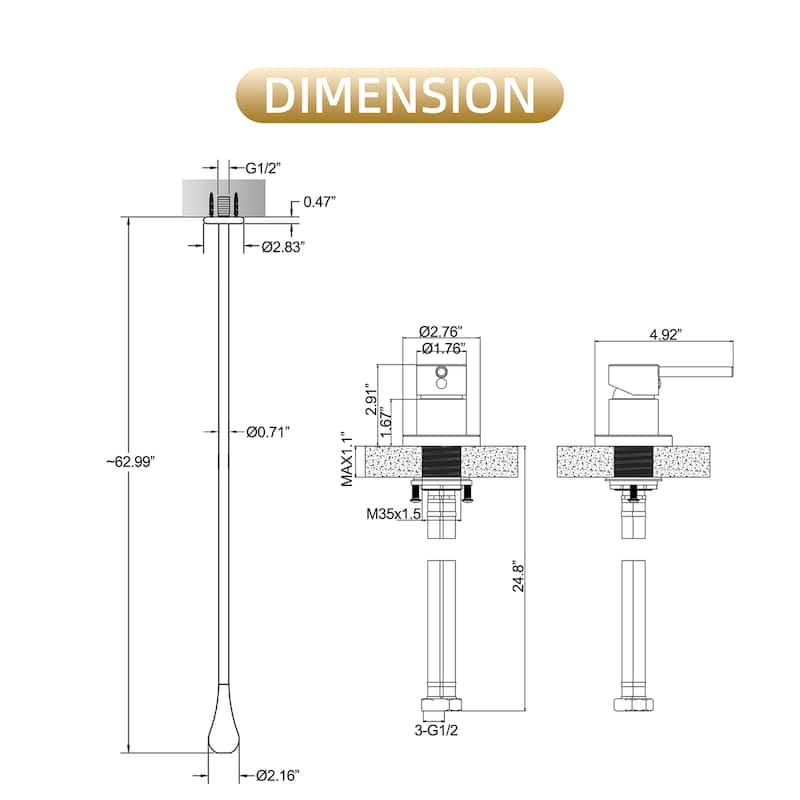Modland 63''H Wall Mount Bathroom Faucet with High Flow & 500K Leak-Proof, Brushed Gold/ Matte Black
