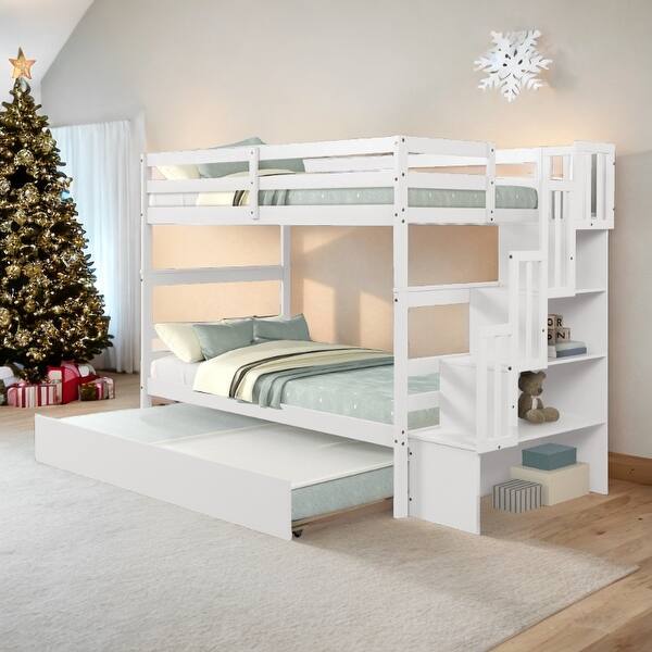 slide 2 of 15, Modern & Clean Design Twin over Twin Bunk Beds With Twin Trundle and Stairway Storage Function,Elegant Children Bed