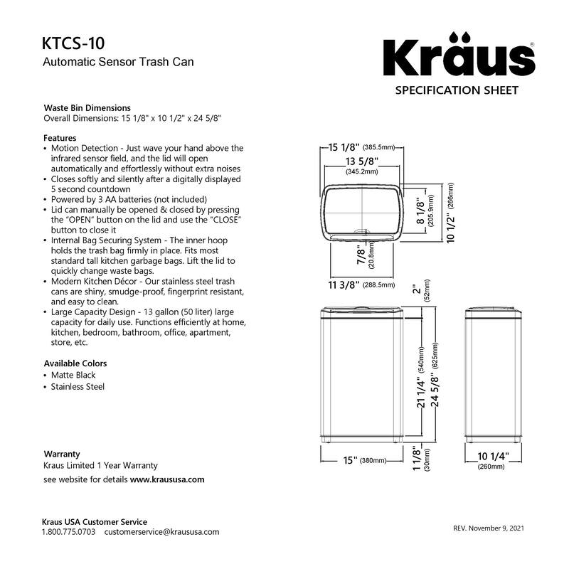 KRAUS GarbagePro Touchless Motion Sensor Stainless Steel Trash Can