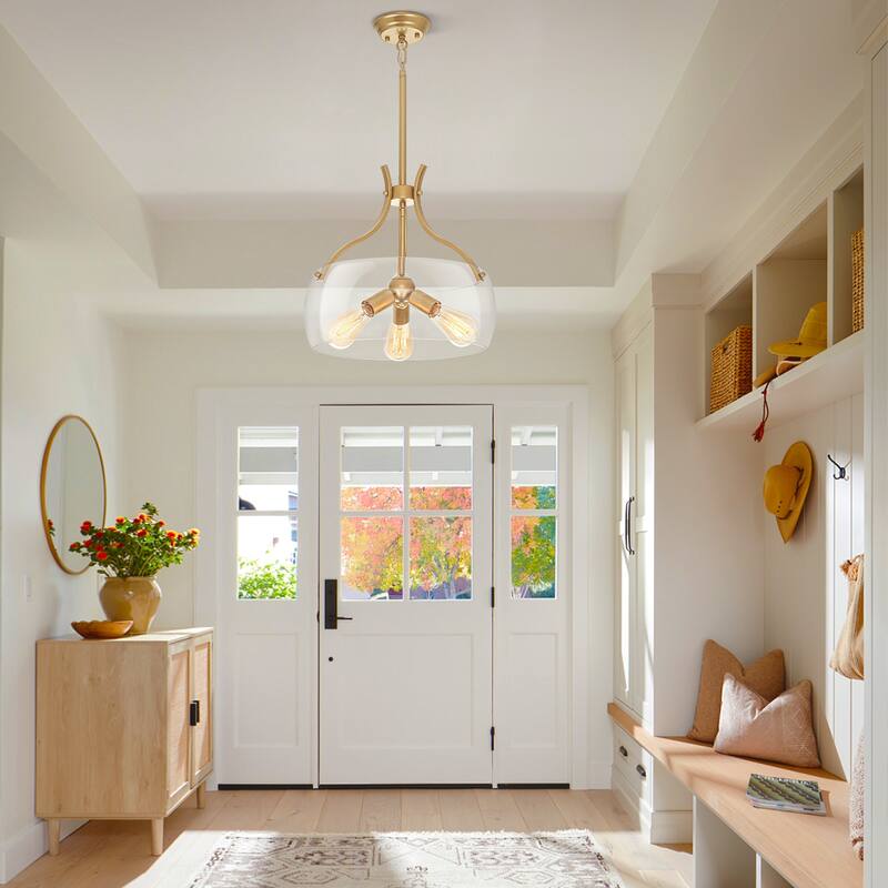 Simple and elegant 3-light metal frame pendant lamp with adjustable height chain and glass lampshade