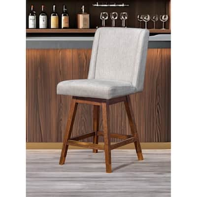 HomeRoots 26" Beige and Brown Fabric and Solid Wood Counter Height Swivel Bar Chair