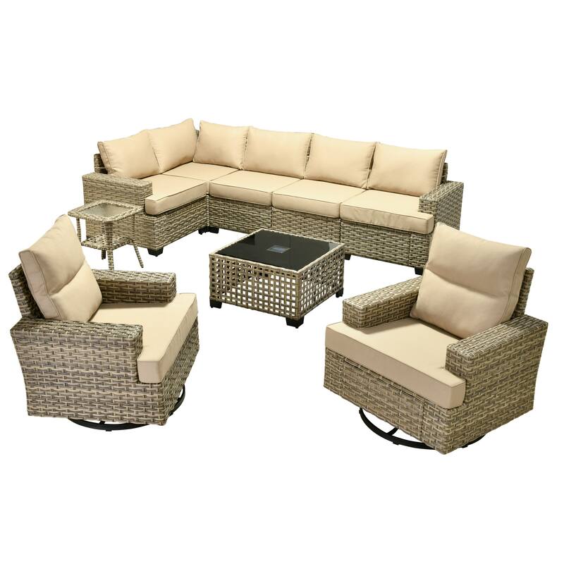 OVIOS 9 Pieces T shaped Seat Wide Armrest Swivel Chair Set With Solar-Powered Table
