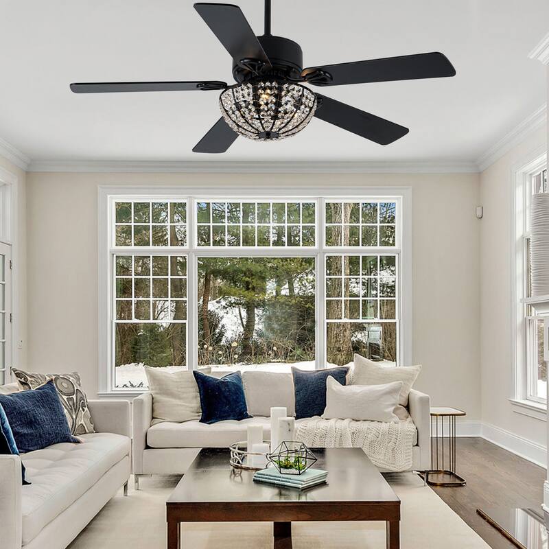 Cusp Barn 52 Inch Modern Crystal Black Ceiling Fan with Light, Noiseless DC Motor 6 Speeds Caged Ceiling Fan for Living Room