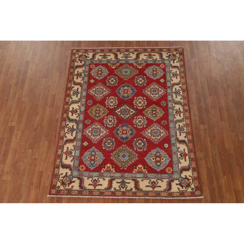 Red Geometric Kazak Area Rug Handmade Wool Carpet - 5'2" x 6'8"