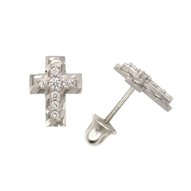 Curata 14k Gold Small Round Cubic Zirconia Cross Stud Screw-back Earrings - White - White