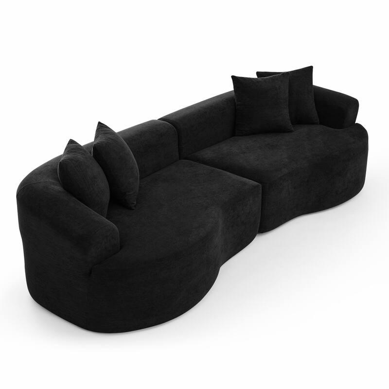 Modern Cloud 4-Seater Sectional Curved Sofa, Minimalist Compression Living Room Couch, No Assembly Needed, Chenille, Black