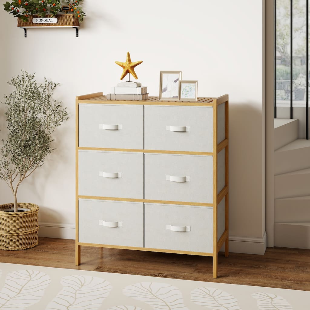 6-Drawer Wicker Dresser with Fabric Drawers Raised Legs Anti-Slip Feet for Home Organization