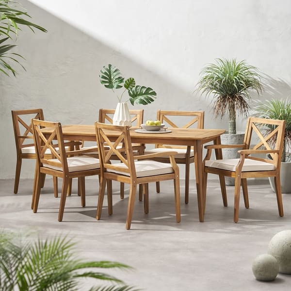 slide 2 of 17, Llano Outdoor 7-piece Acacia Dining Set by Christopher Knight Home Teak Finish + Cream Cushion