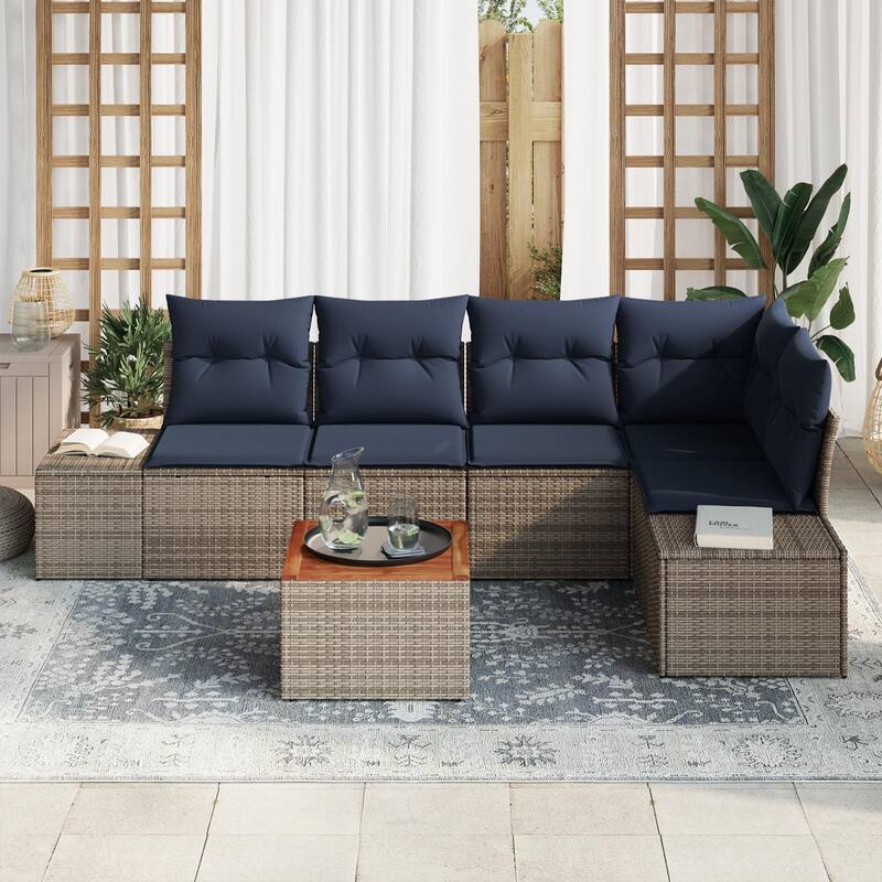 vidaXL 6 Garden Sofa Set with Cushions Black/Grey Poly Rattan - 103.9 x 60.6 x 27.2
