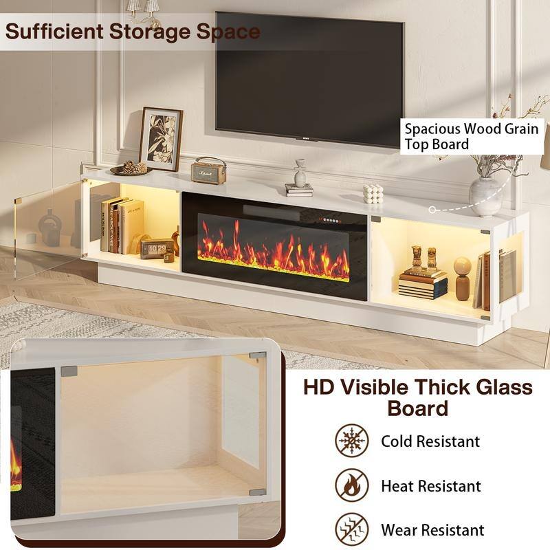 BOSSIN 80" Fireplace TV Stand with Adjustable LED Lights, Modern Entertainment Center with Glass Door Storage Cabinet, Black