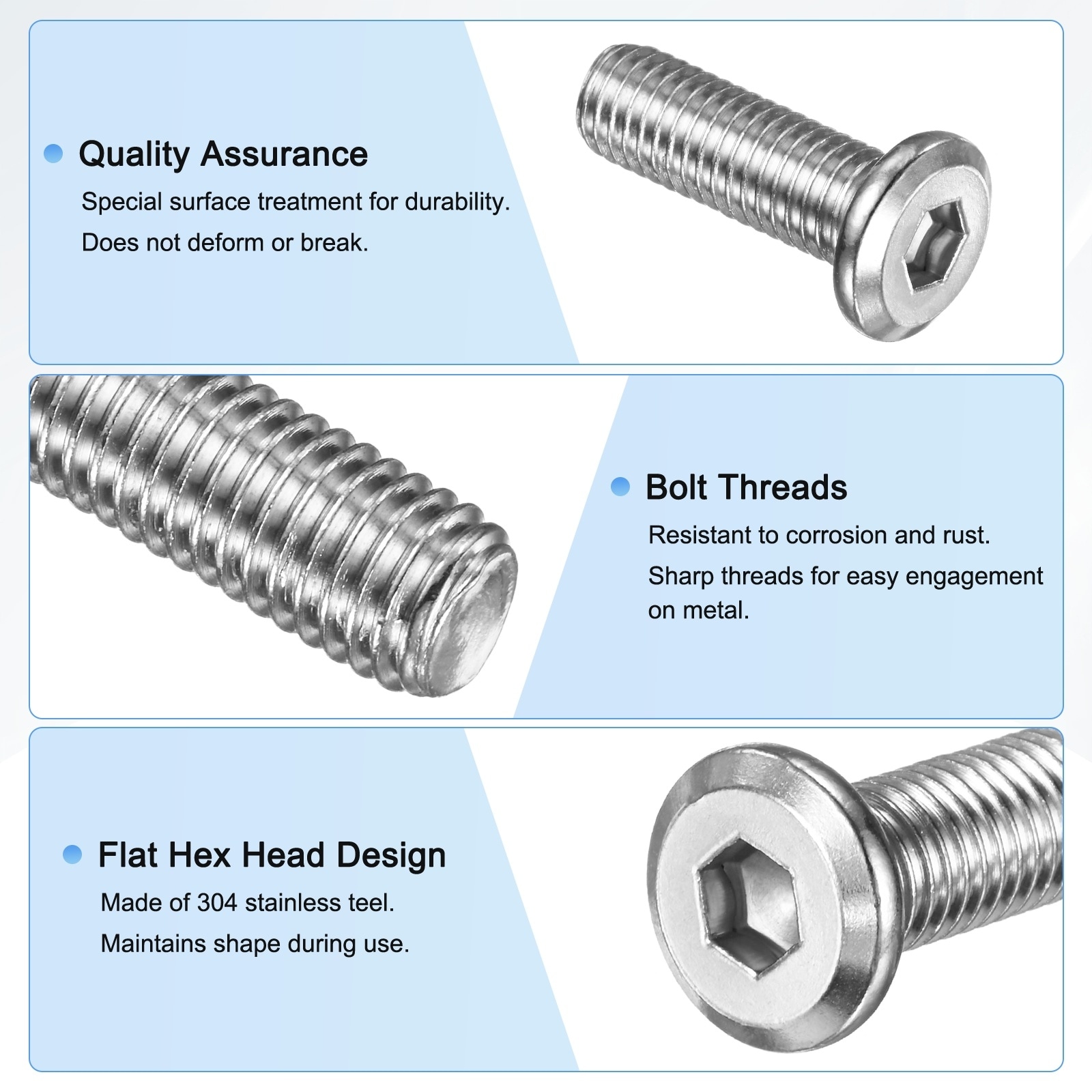 Flat Head Socket Cap Screws 304 Stainless Steel Hex Drive Fastener Kit with Hex Key - Silver