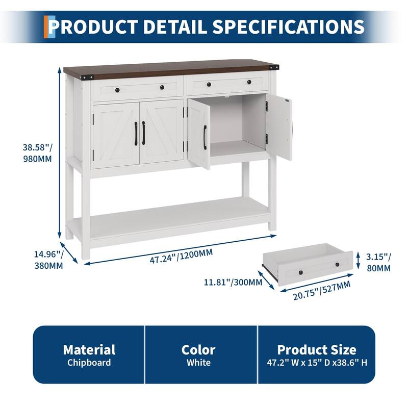 47.2" Buffet Sideboard Cabinet - Modern Farmhouse Storage Console Table with 2 Drawers & 4 Barn Doors, Coffee Bar