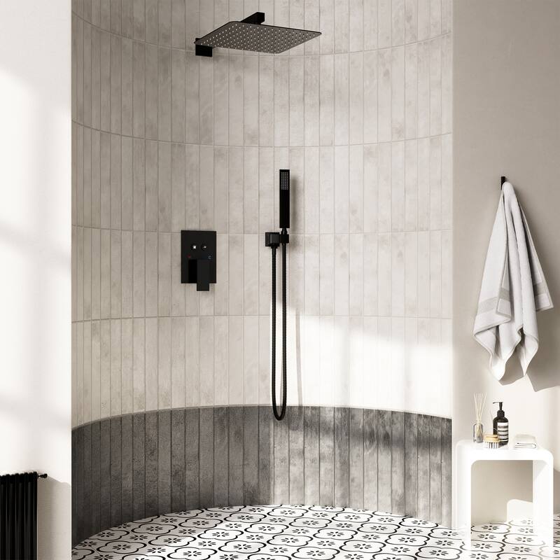 2-Spray Square 12 in. Dual Shower Head Wall Mount Fixed and Handheld Shower Head in Matte Black Valve Included - 12" x 12"