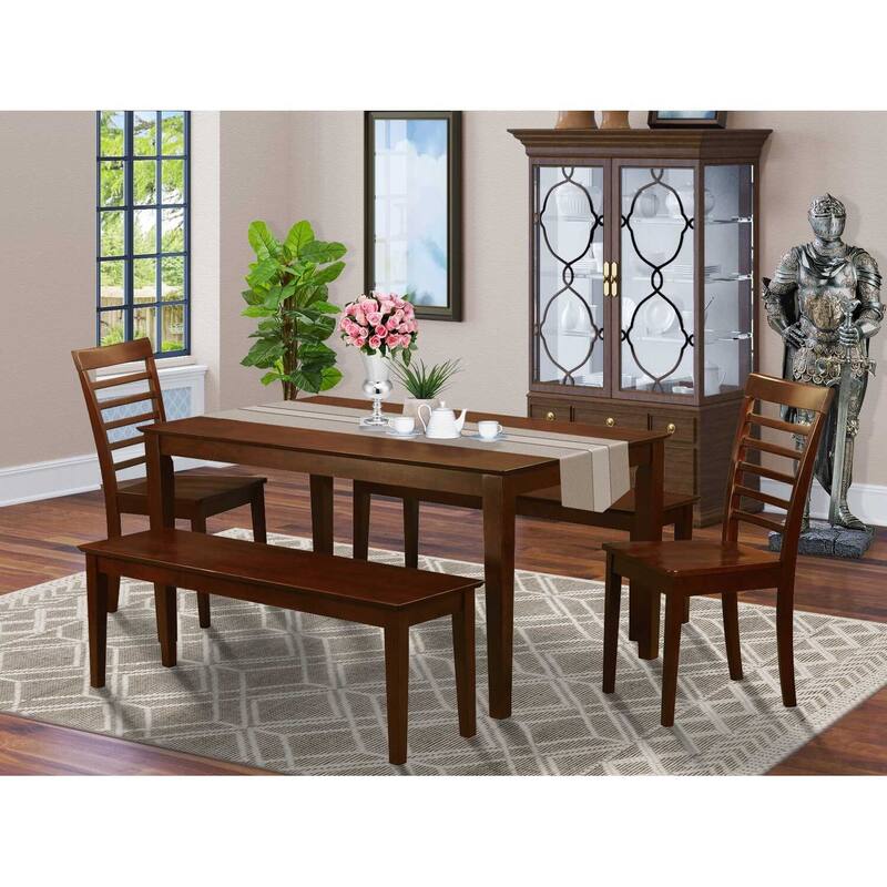 HomeStock 5-Piece Rectangle Mahogany Finish Solid Wood Top Dining Table with 2 Benches, 2 Chairs