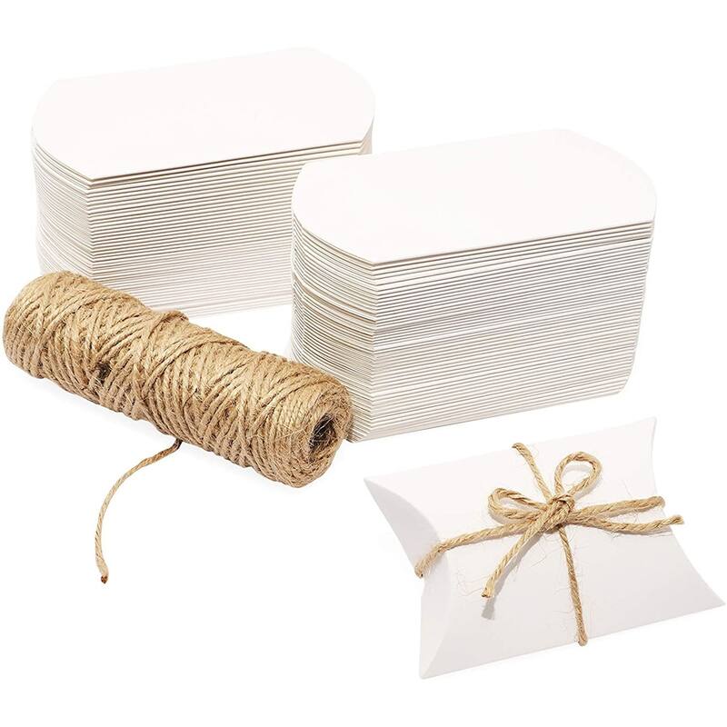 Bright Creations 100 Pack Kraft Pillow Boxes Set with 100ft Jute Twins for Wedding Party Favor