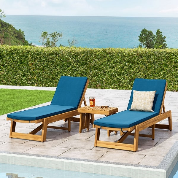 slide 2 of 17, Kyoto Outdoor Acacia Wood 3 Piece Chaise Lounge Set with Water-Resistant Cushions by Christopher Knight Home