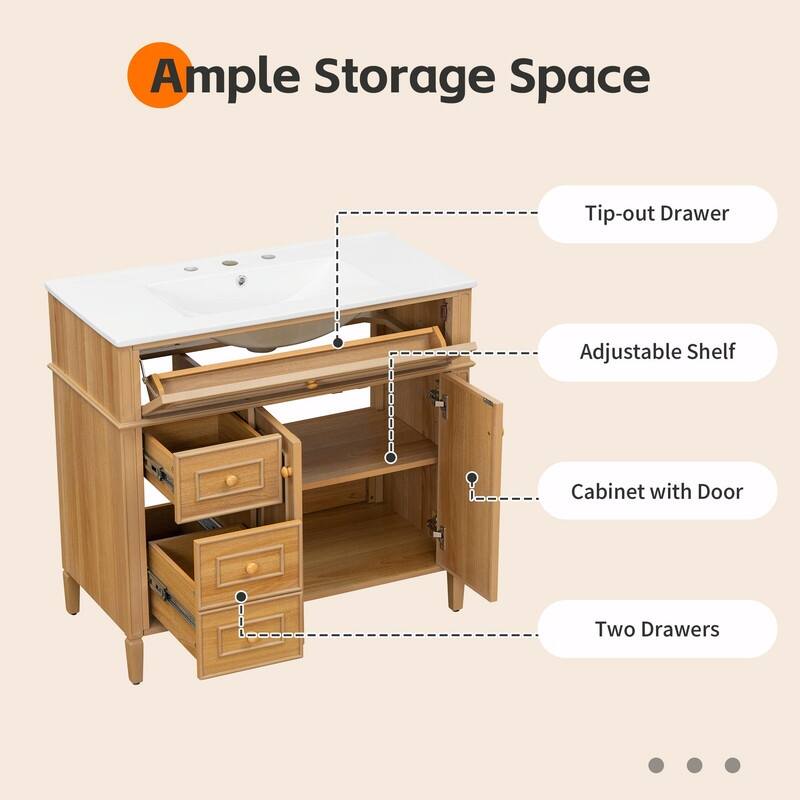 36" Bathroom Vanity with Sink, Cabinet, Flip-Out Drawer, 3 Drawers & 2 Soft-Close Doors