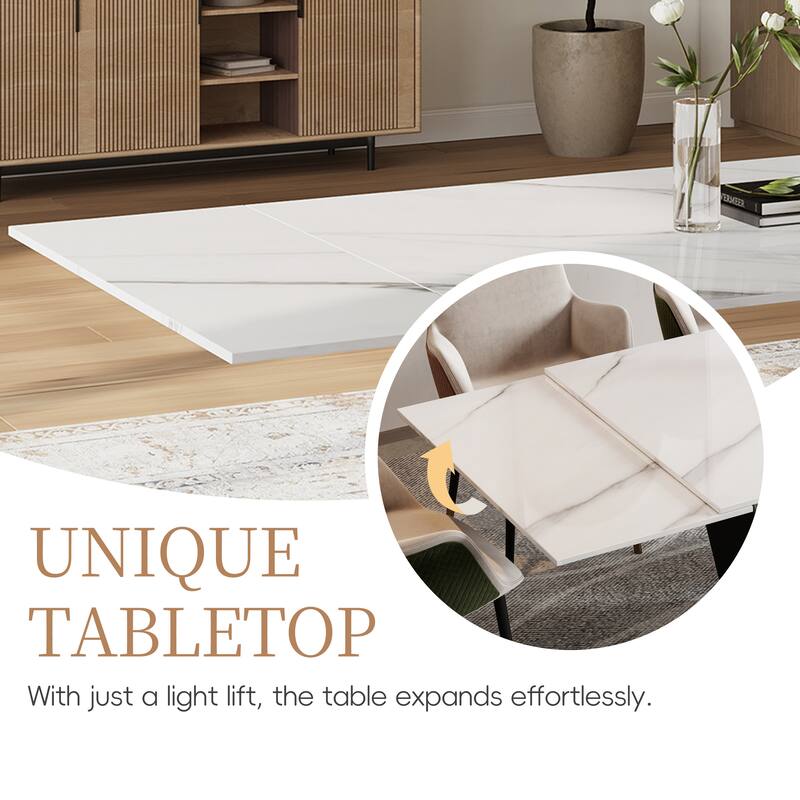 63"-95" Modern Extendable Dining Table For 6-10,White Glossy Sintered Stone Tabletop - 95