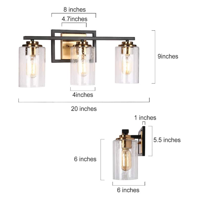 2/3/4-Light Modern Black Gold Bathroom Vanity Lights Seeded Glass Wall Sconces