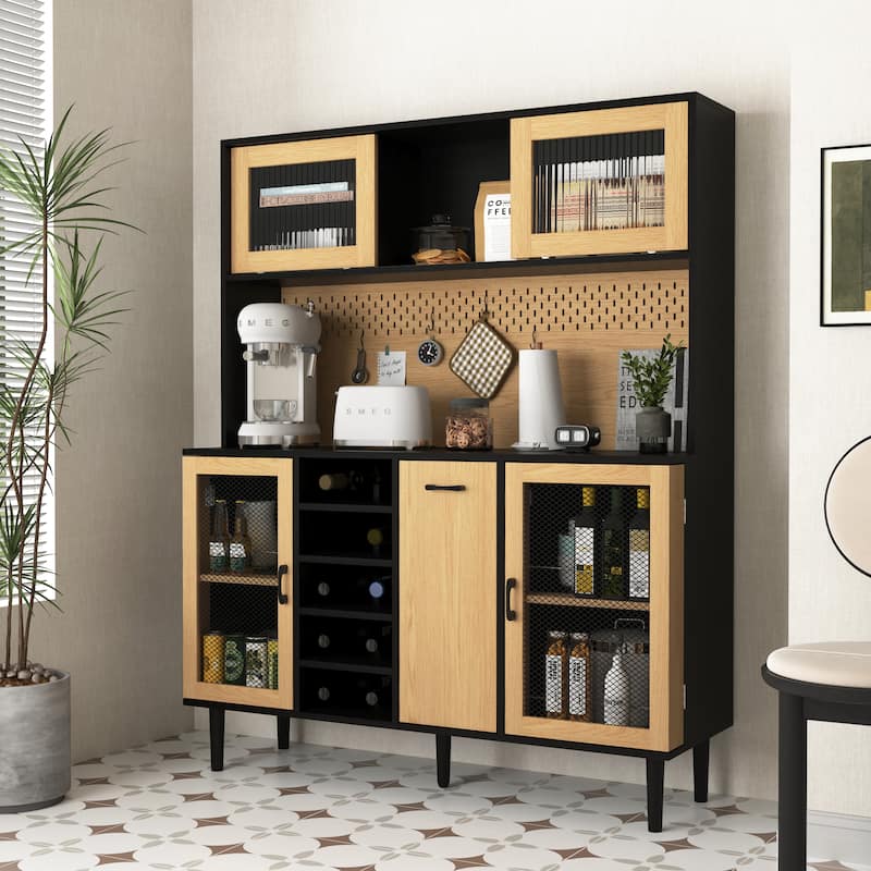 Kitchen Buffet Cabinet with Wine Rack, Coffee Bar Cabinet with Charging Station, Freestanding Storage Cabinet for Liquor