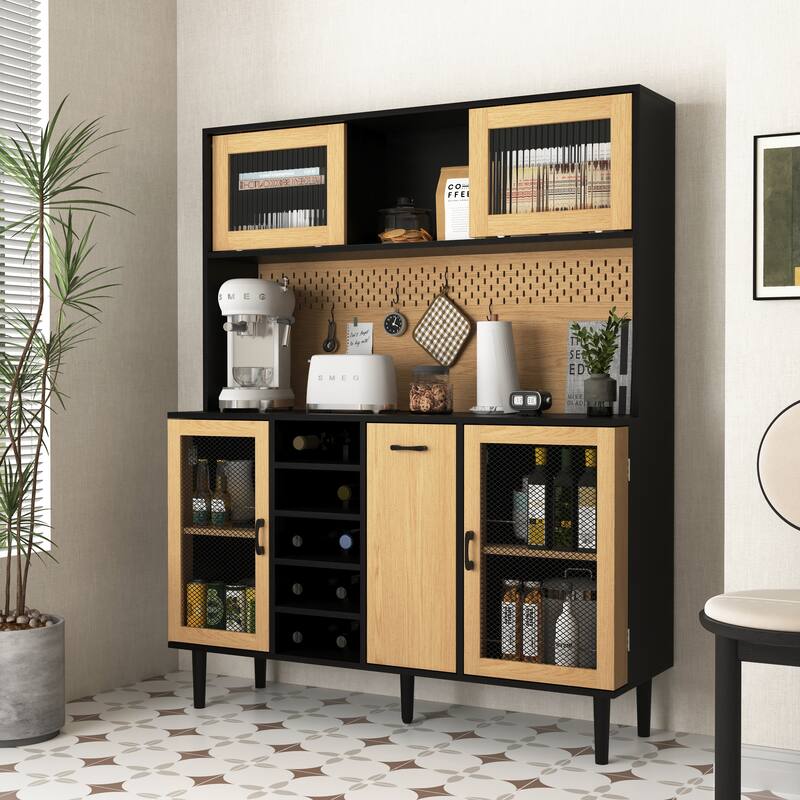 Kitchen Pantry Cabinet with Storage Doors, Coffee Bar Cabinet with Power Outlet, Buffet Sideboard Cabinet with Wine Rack