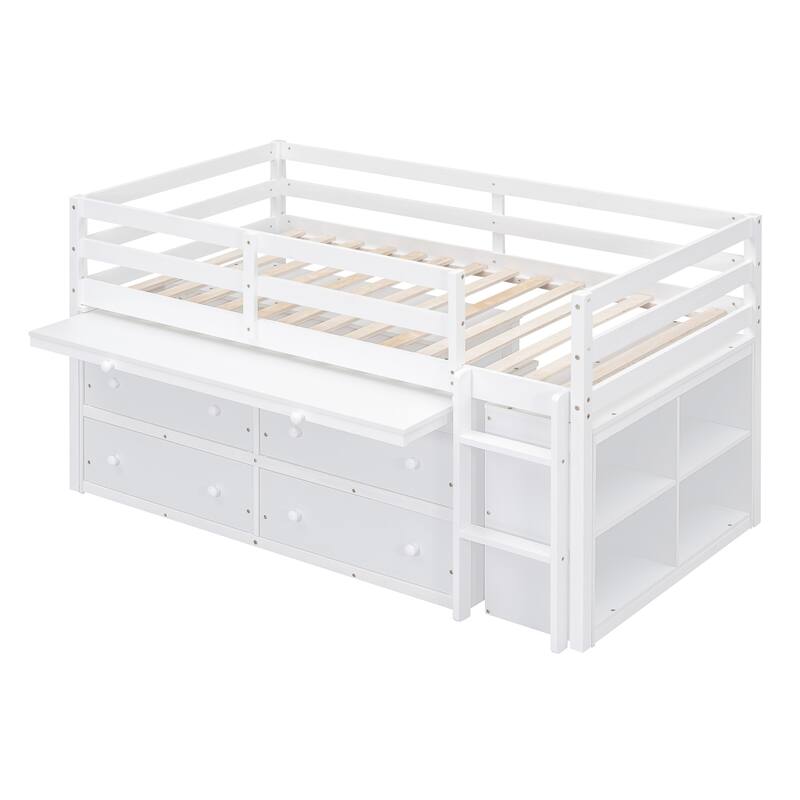 Loft Bed with Retractable Writing Desk and 4 Drawers