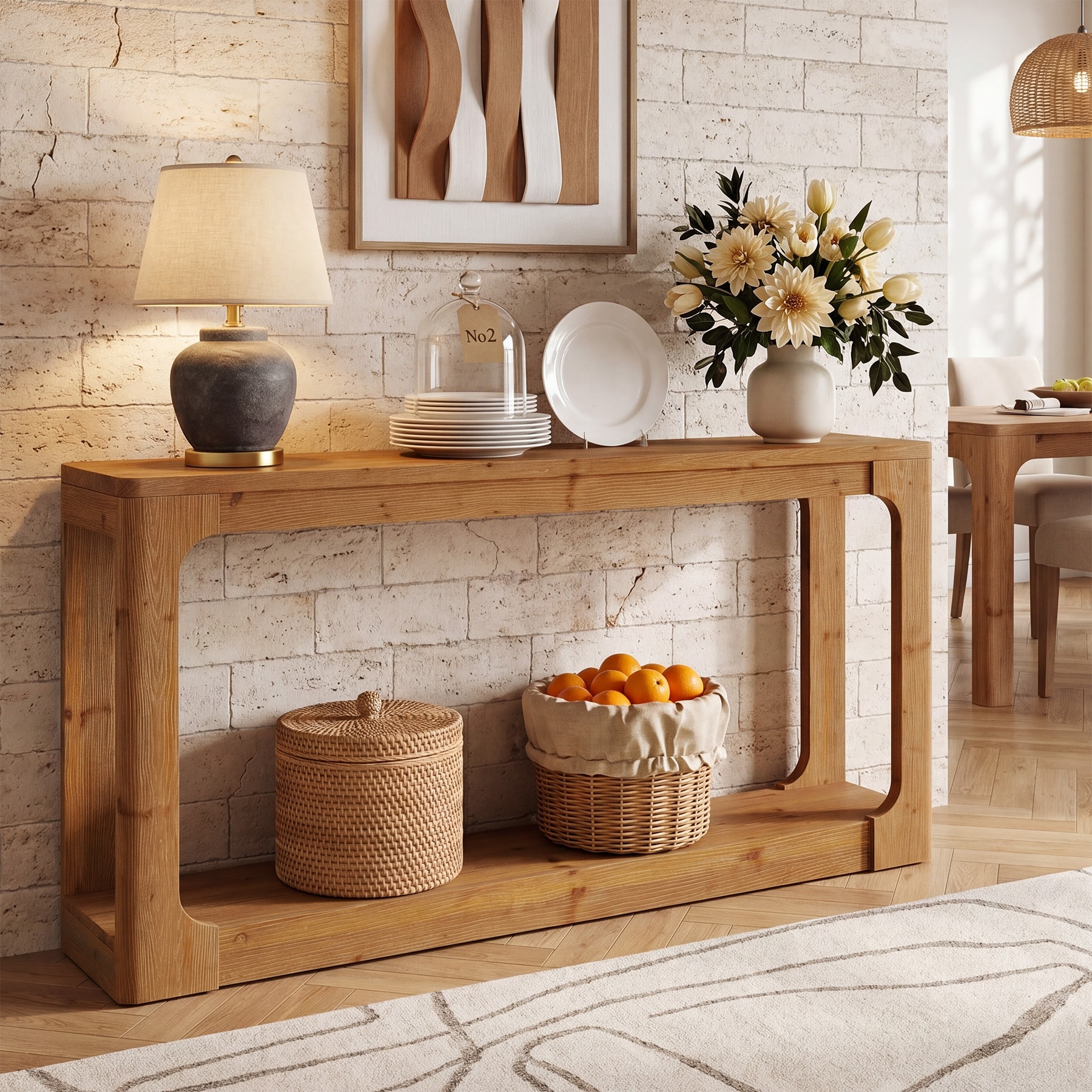 63'' Solid Wood Console Table, 2-Tier Storage Sofa Table