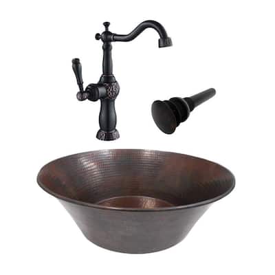 15" Round Copper Cazo Vessel Sink 13" Faucet & Drain - 15" x 15" x 5.5"