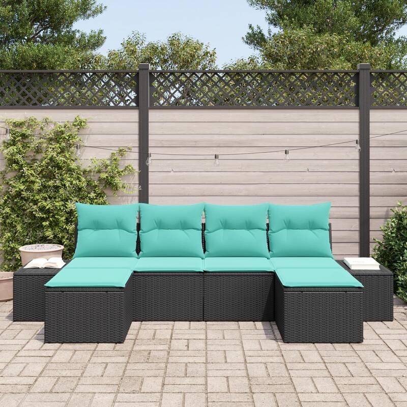 vidaXL 6 Piece Garden Sofa Set with Cushions Black Poly Rattan - 46 x 116 x 27 in
