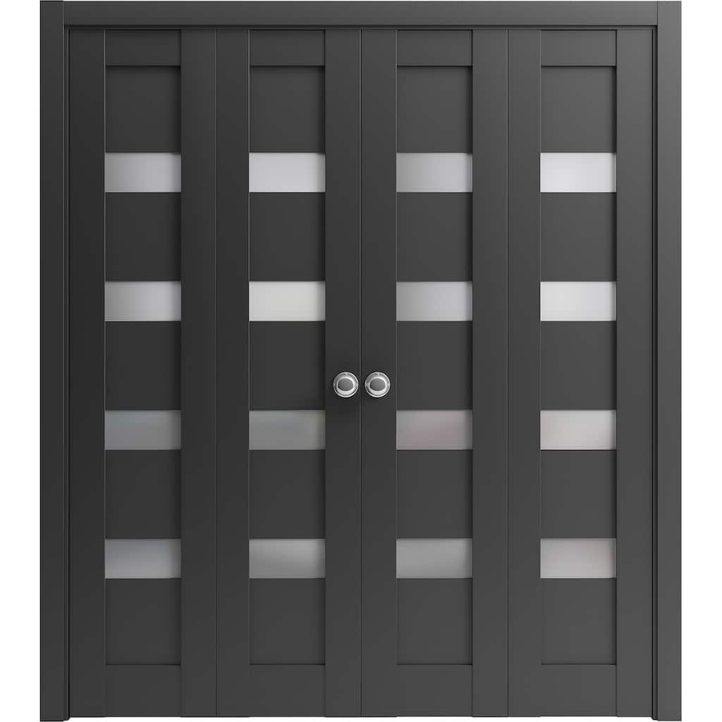 SartoDoors Quadro 4113 | Closet Door Bi-fold Door | Solid Wood w/ Glass | Hardware Set | 72x80, Matte Black