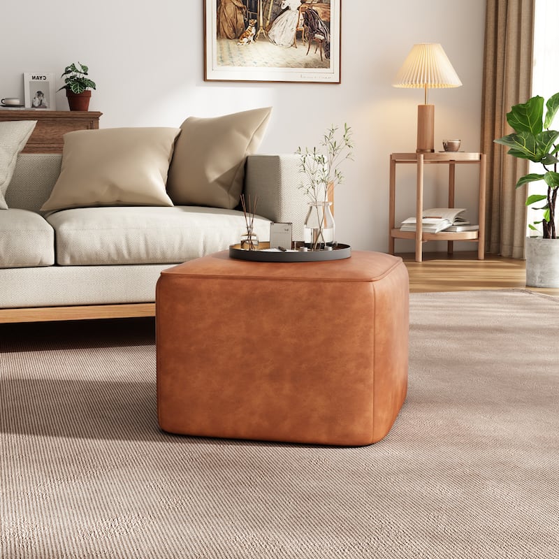 PU Leather Square Ottoman - Tan Upholstered Modern Home Piece