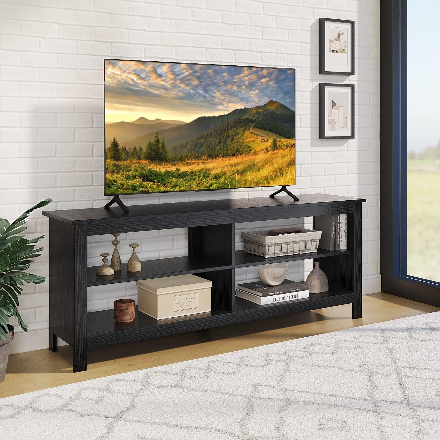 TV Stand with 4 Shelves, 55" Console Table for Living Room (Black)