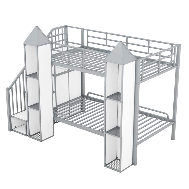 MERAX Metal Twin over Twin Castle-shaped Bunk Bed with Wardrobe and Shelves