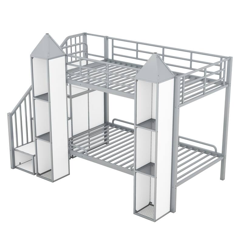 Twin Metal Castle Bunk Bed with Wardrobe, Staircase, and Cabinets
