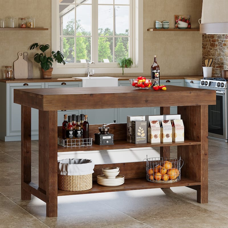 Solid Wood Kitchen Island, Open Storage Counter Height Table, Kitchen Dining/Living Room Coffee Bar Accent Island