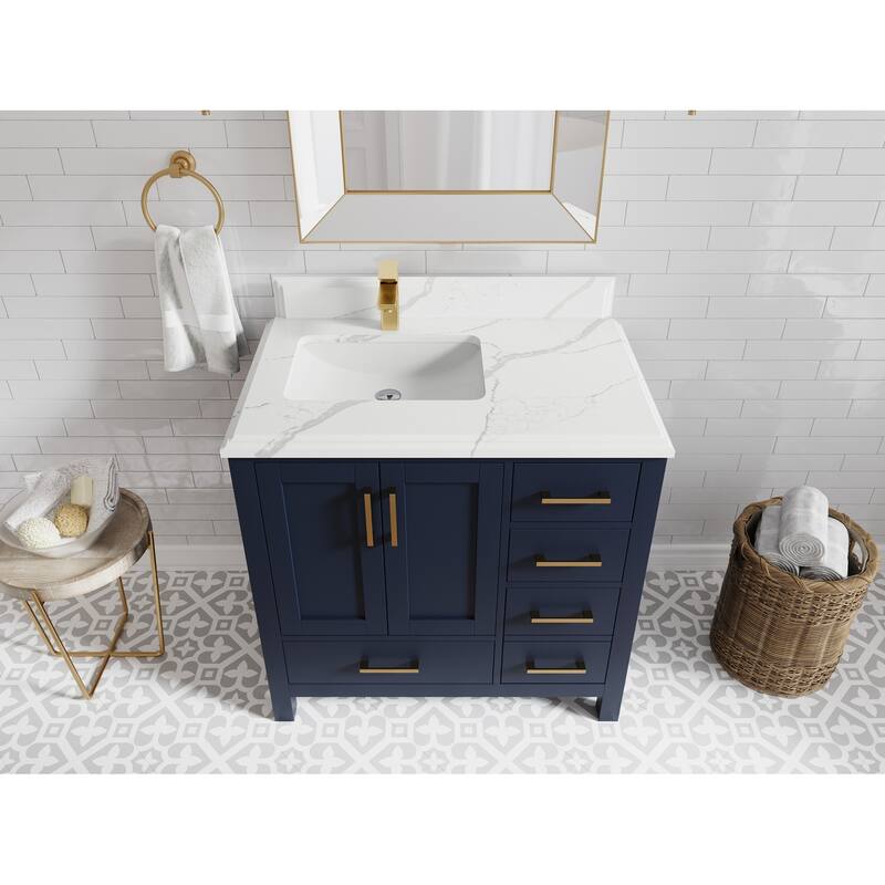 Willow Collections 36 in. W x 22 in. D Malibu Left Offset Sink Bathroom Vanity with Countertop - 1.5" Calacatta Laza - Navy Blue
