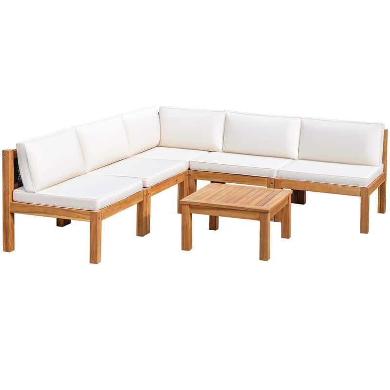 Furniwell Acacia Wood Patio Conversation Set Rope Woven Outdoor Sectional Sofa with Table and Cream Cushions