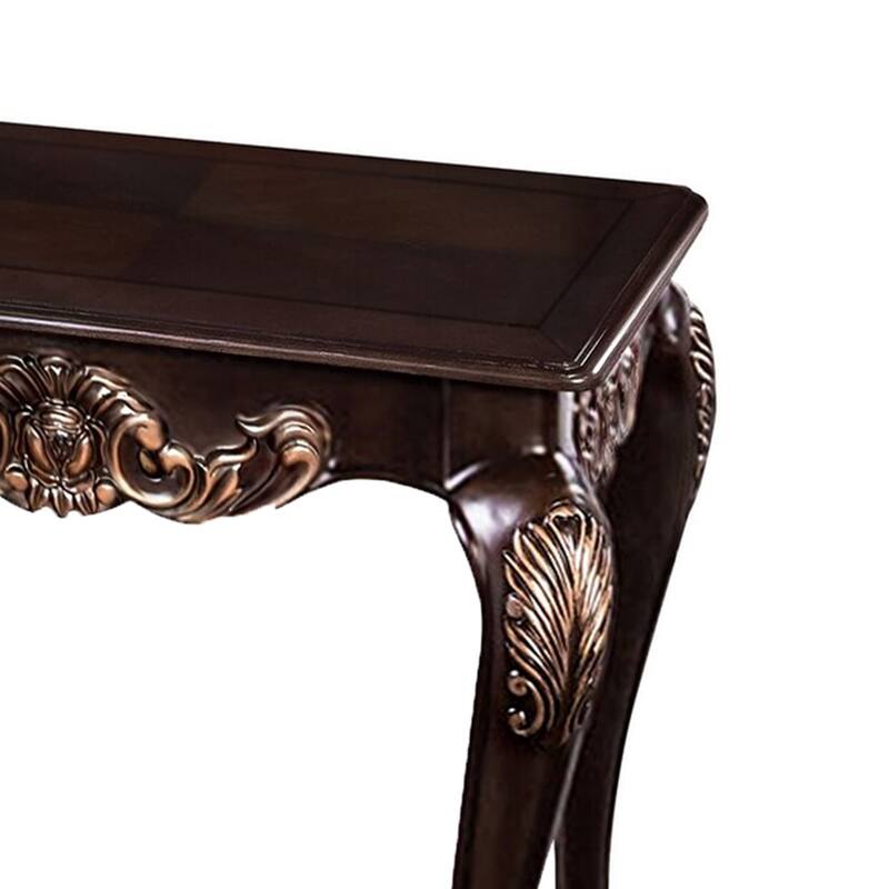 Astor End Table, 29 Inch Dark Cherry Brown Wood, Carved Details