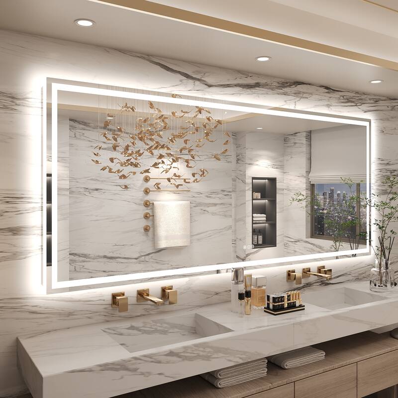 Frameless LED Front Light and Backlit 3 Colors Dimmable Anti-Fog Wall Bathroom Vanity Mirror - 88" x 38"-Square Corner