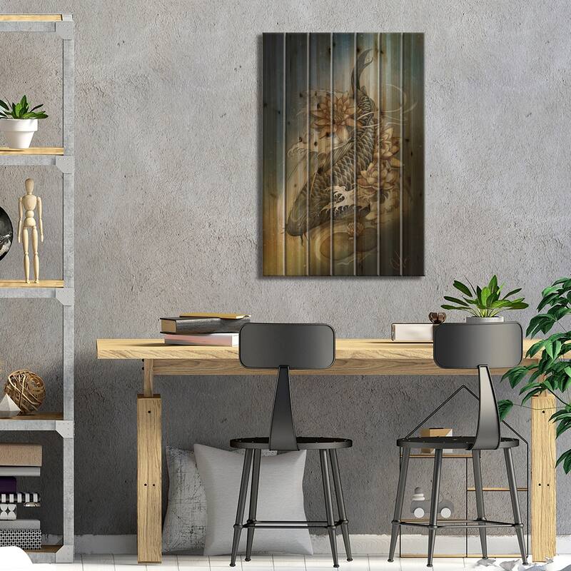 Koi And Lotus Print On Wood by Marine Loup - Multi-Color