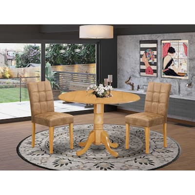 Round Dining Table Set with 2 Chairs - Oak Drop Leaf Table & Parson Chairs - Modern Dining Room Furniture