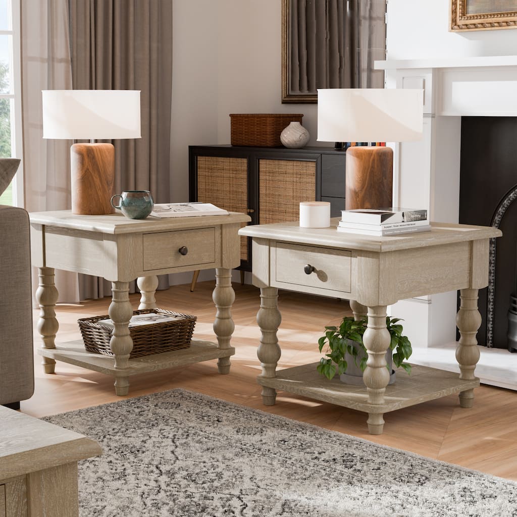 Furniture of America Trenden Transitonal Light White Wash Rubberwood 2-Piece End Table Set with USB Port